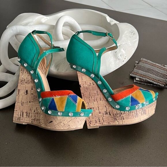 ALBA Peep Toe Platform Multicolor Patche Design Stitch Front Ankle Belt Size 7.5 - Picture 7 of 10